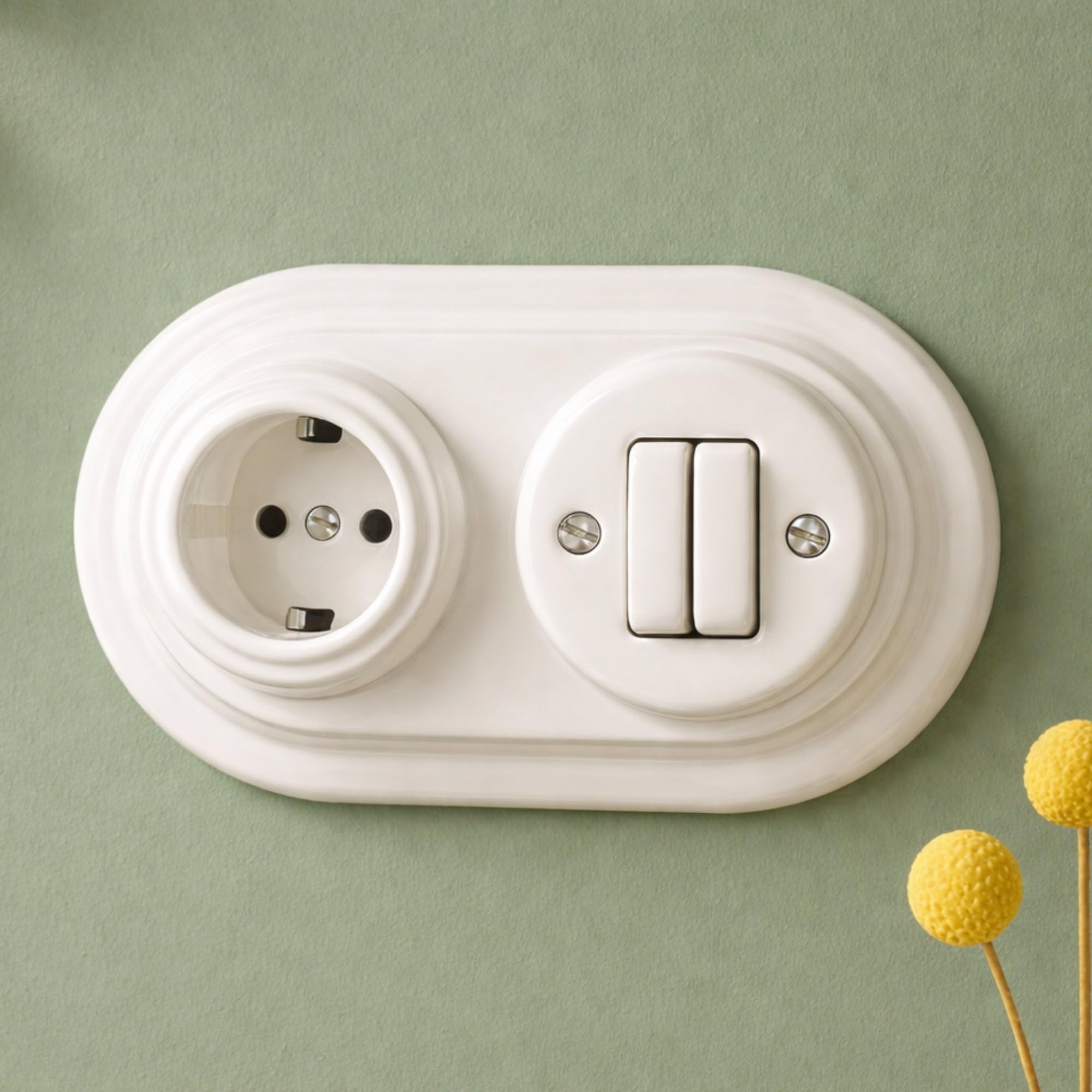 Unterputz Porzellan Retro Steckdose, Doppelschalter, 2-fach, All-in-One, Serie PR1 weiß