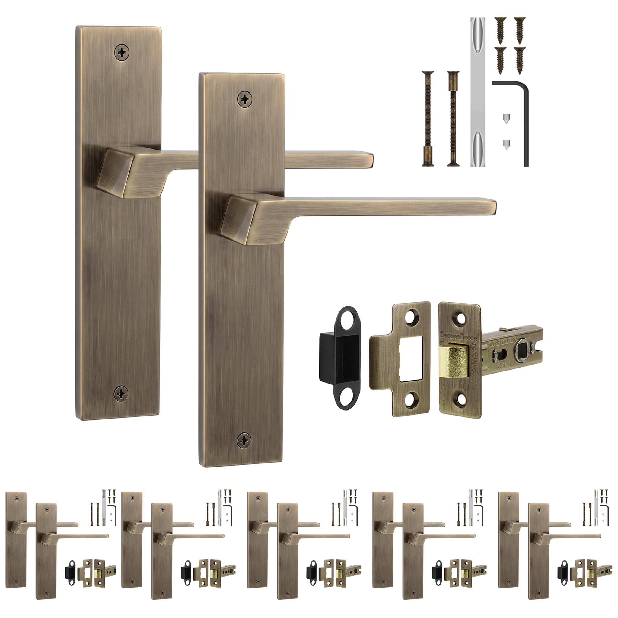 Decoranddecor Antique Brass Backplate Door Handles, Latch Kit 76mm 6 Pack — image 1