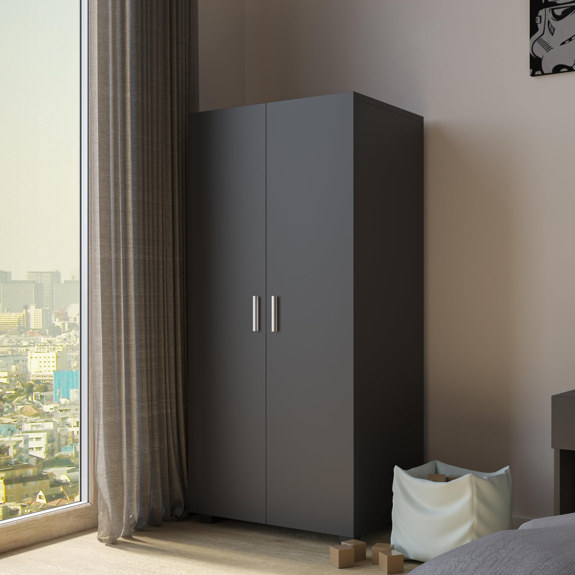 URBNLIVING Orlando Wooden 2 Door Kids Wardrobe Bedroom Storage Hanging Bar Clothes (Black)