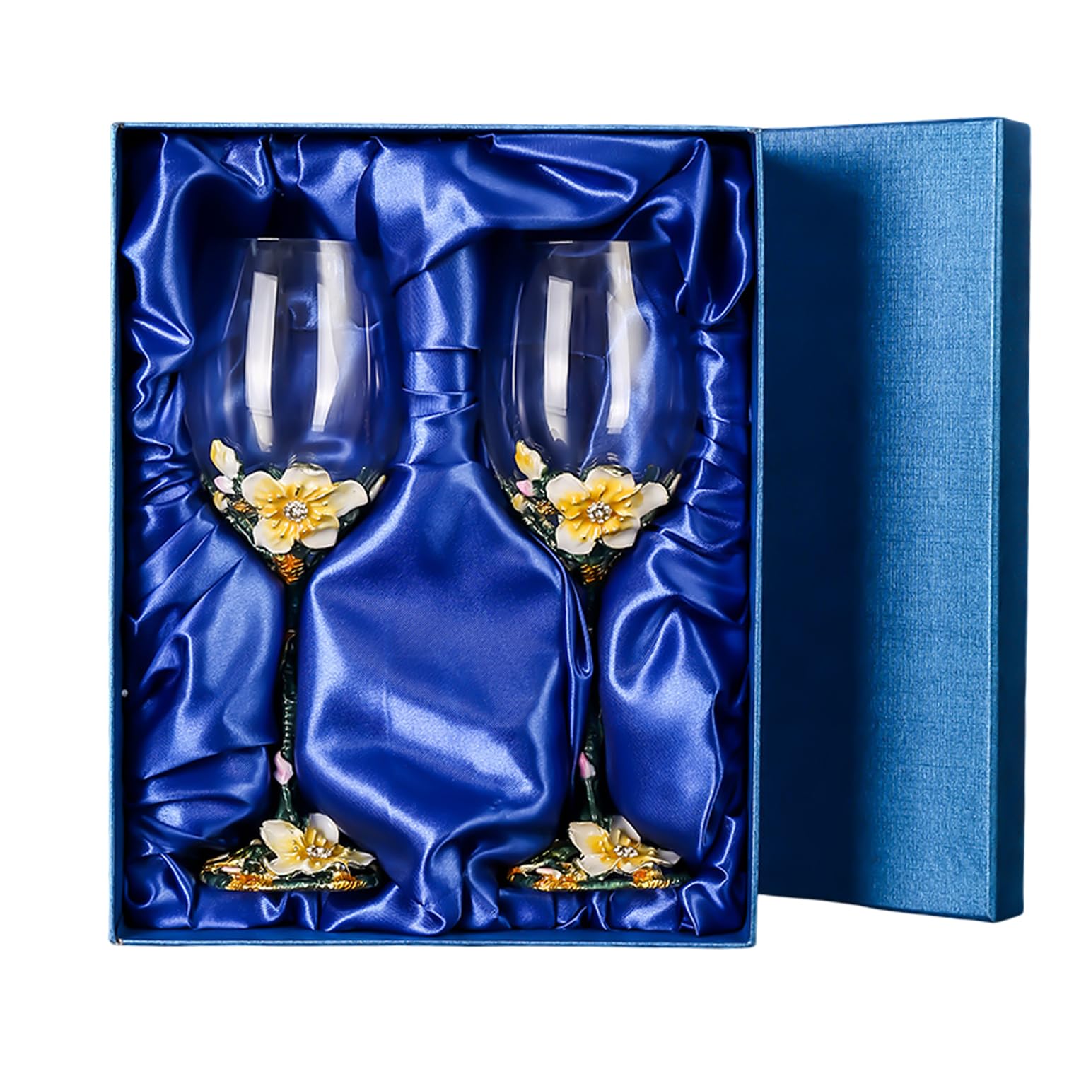 Verres à vin émail avec fleurs d'abricot et coffret cadeau raffiné