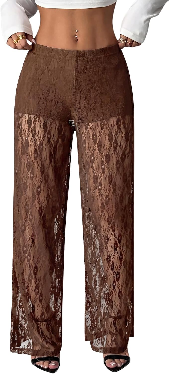 MakeMeChic Women's Y2K Lace Pants Wide Leg Sheer Mesh Low Rise Trousers Pants
