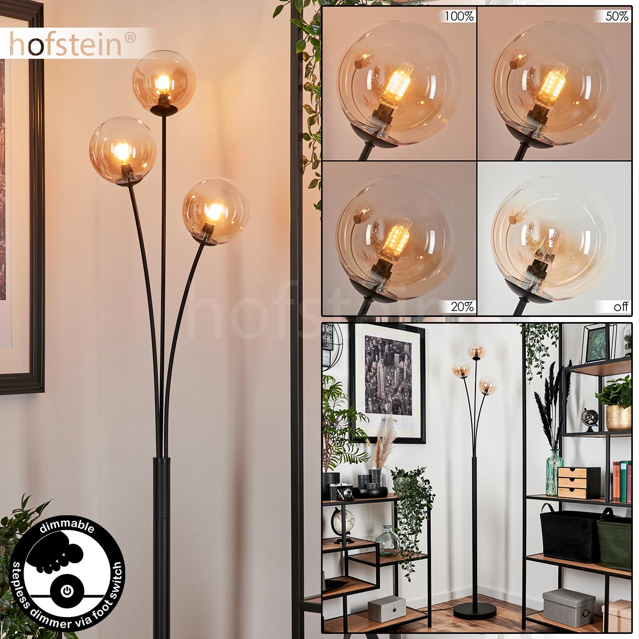 Stehleuchte Bernhardo, Stehlampe aus Metall/Glas in Schwarz/Bernsteinfarben/Klar, Leuchte im Retro/Vintage-Design mit Schirmen aus Glas (Ø 12 cm), dimmbar über Fußschalter, 3 x G9, ohne Leuchtmittel