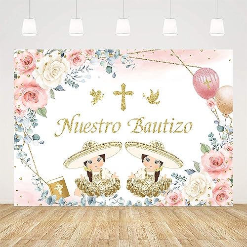 Miniatura 2 de AIBIIN Telón de fondo Mi Bautizo de 7 x 5 pies para niñas gemelas, Nuestro bautizo, bautizo, primera comunión, decoraciones de fiesta de bendición