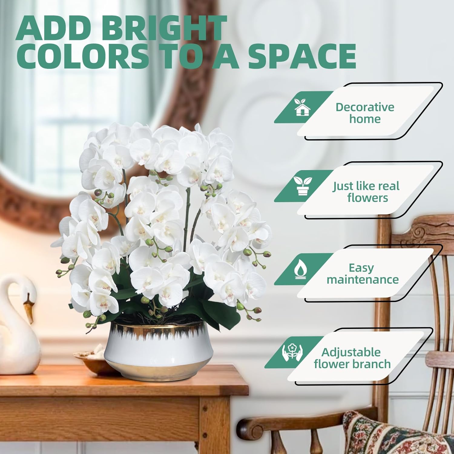 CXGS Orchids Artificial Flower Real Touch Faux Orchid in Large Ceramic Vase 23.6'' Realistic White Fake Phalaenopsis Floral Arrangements Centerpiece Table Home Indoor Decor