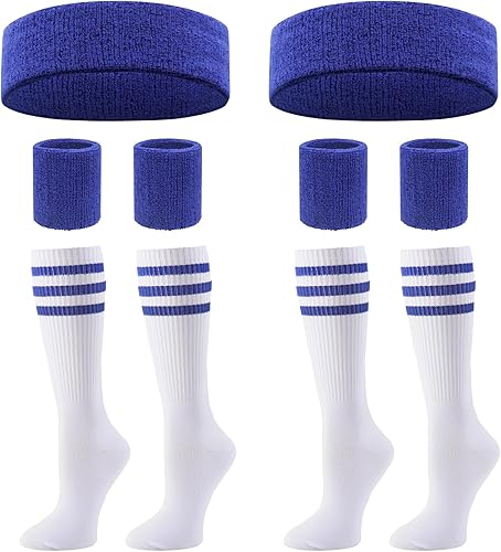 Ultrafun Juego de muñequeras y calcetines a rayas a rayas de los años 80, banda deportiva para el sudor, banda para el sudor, para hombres y mujeres
