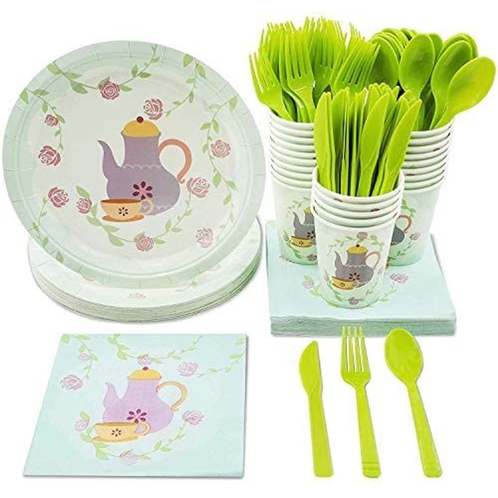 BLUE PANDA Tea Party Bundle, Includes Plates, Napkins, Cups, and Cutlery (24 Guests,144 Pieces)