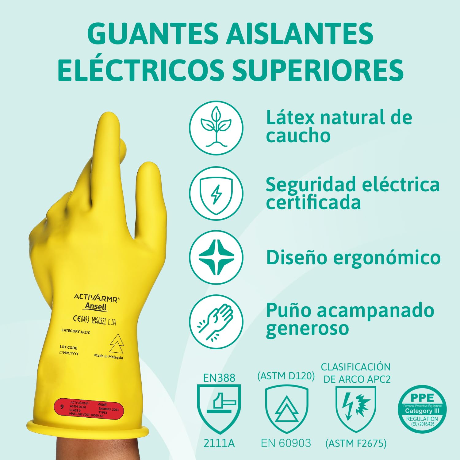 Ansell ActivArmr Guantes Aislantes Dieléctricos, Protección Eléctrica Class 0 (Tensión 1000V), Trabajos con Electricidad, Látex de Caucho Natural, 28cm, Amarillo, Talla XL (1 Par)