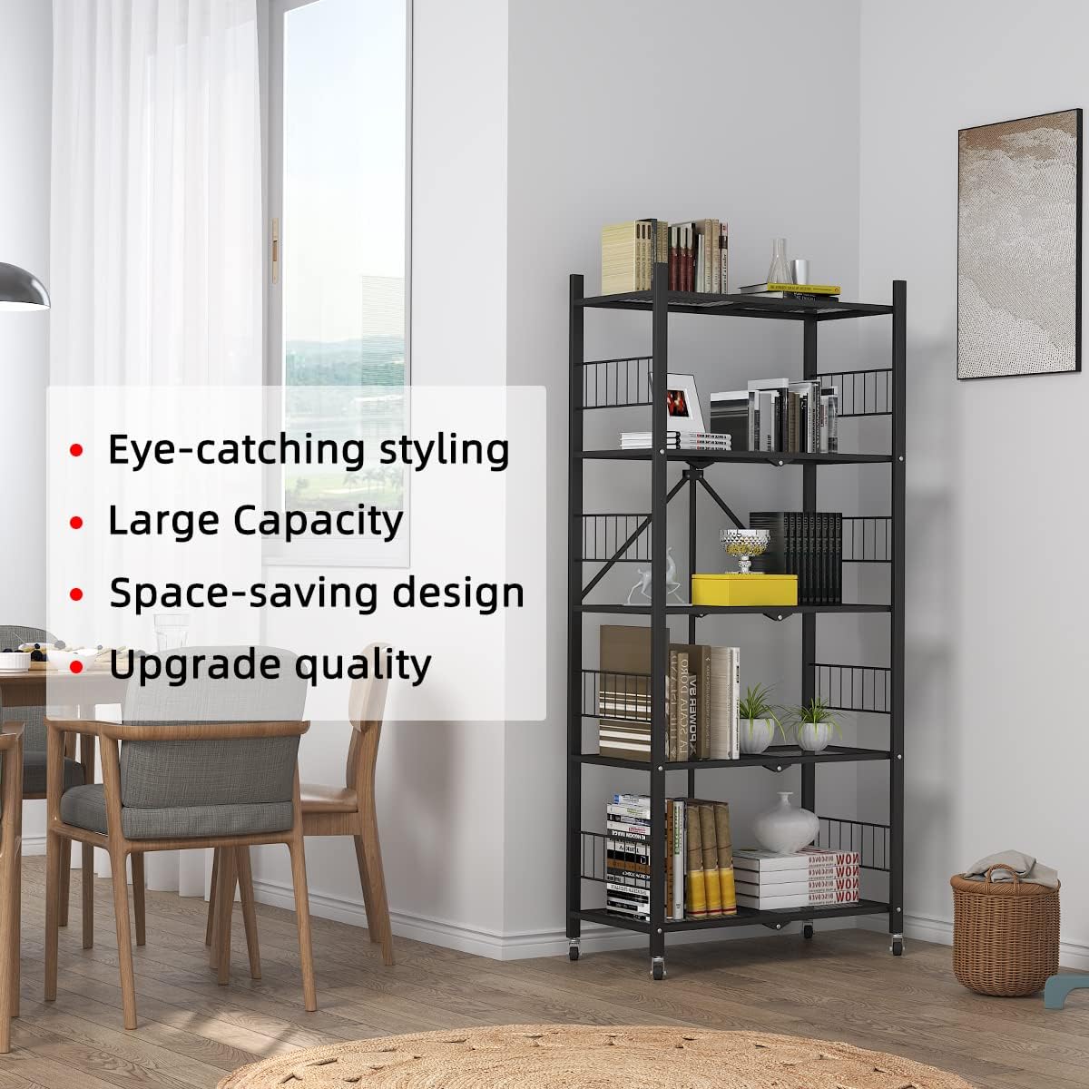 Folding Storage Shelves, 5-Tier/4-Tier/3-Tier Metal Collapsible Shelves with Wheels, Shelving Units and Storage Rack, Rolling Shelf No Assemble.