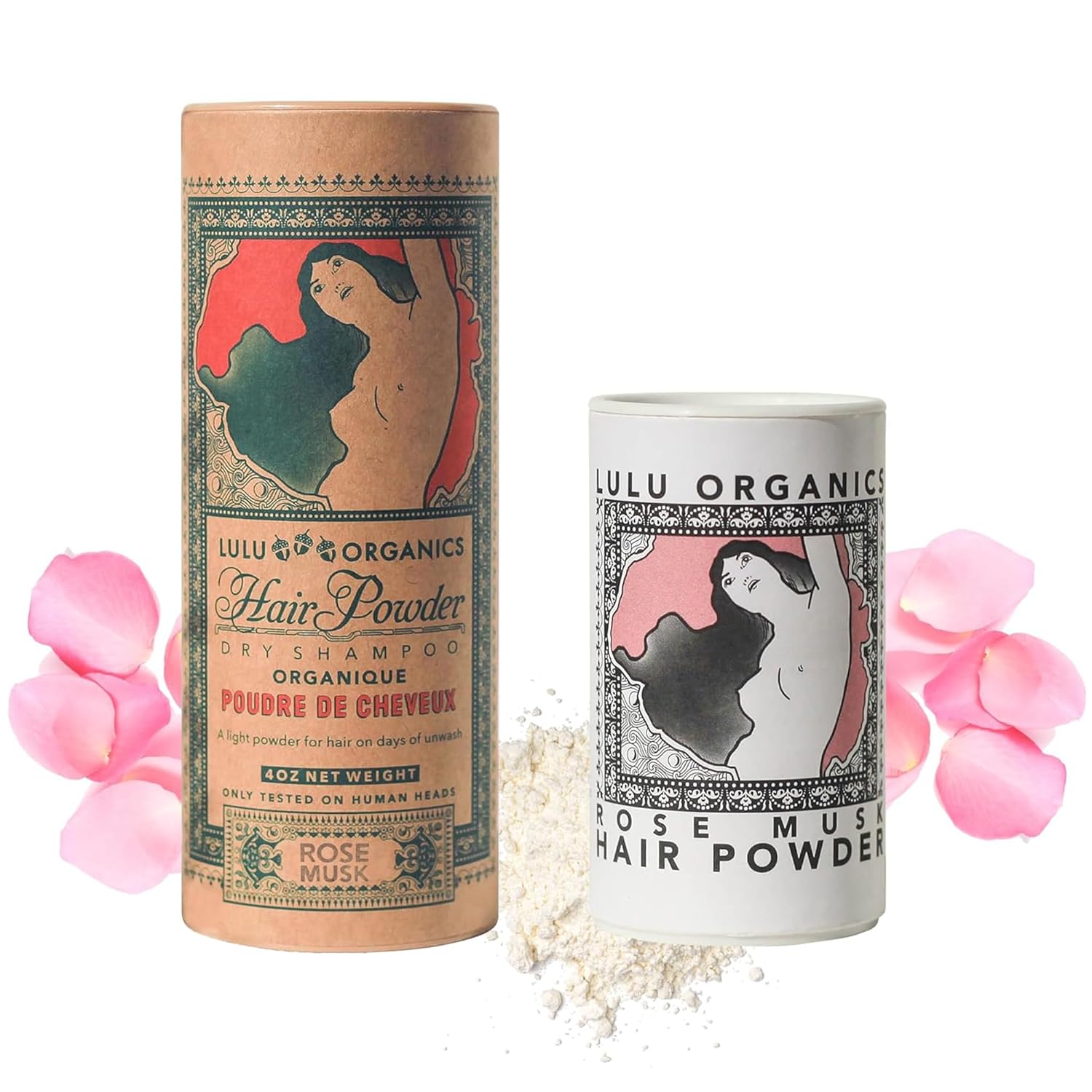 Non Aerosol Dry Shampoo Powder Bundle for Dark & Blonde Hair, Natural & Organic Hair Care Paraben & Talc Free No White Cast Synthetic Fragrance Rose Musk 4oz Full Size & 1oz Travel Size