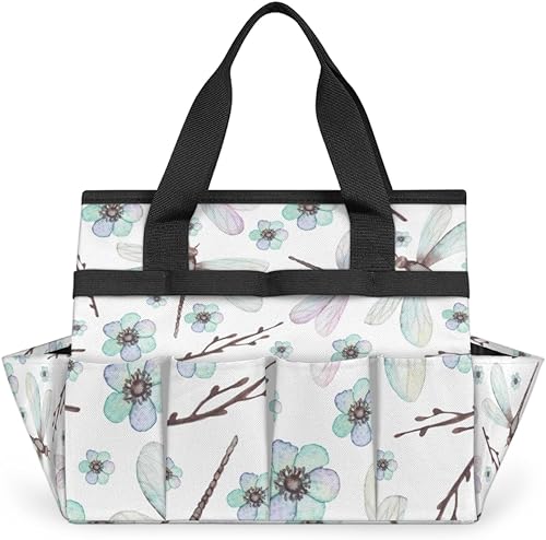 Dragonfly Flower Tree Branch Garden Tool Tote Bag for Women Men Gardening Tool Storage Bags with 10 Pockets Standable Garden Home Tool Kits