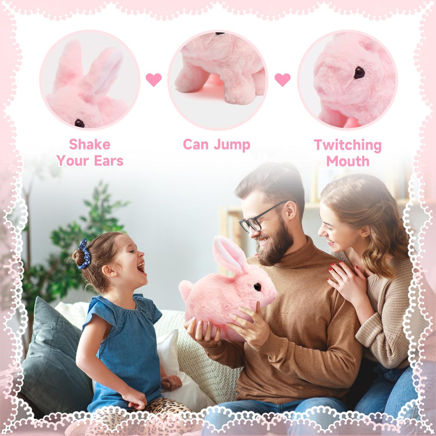 KEHOO Hopping Bunny Toy, Easter Educational Interactive Bunny Toy, Plush Bunny Hopping Rabbit with Sounds and Movements, Twitching Mouth and Nose, and Wiggling Ears (Pink)