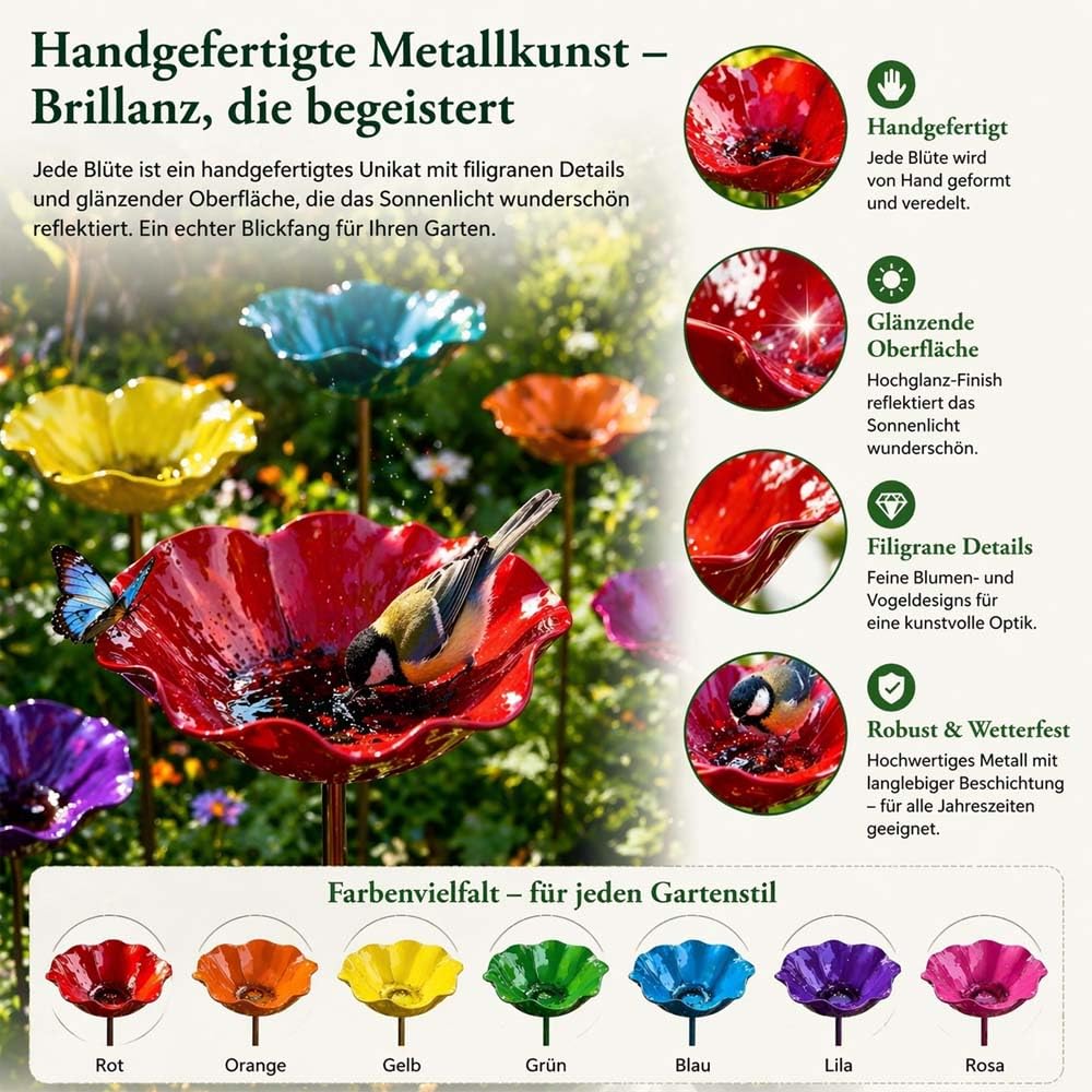 Handgefertigter Metall-Gartenstecker Mit Blume und Vogel,Blumenstecker VogelträNke Garten,Blumen Gartenstecker füR VöGel,Bienens SchmetterlingsträNke (Grün,2)