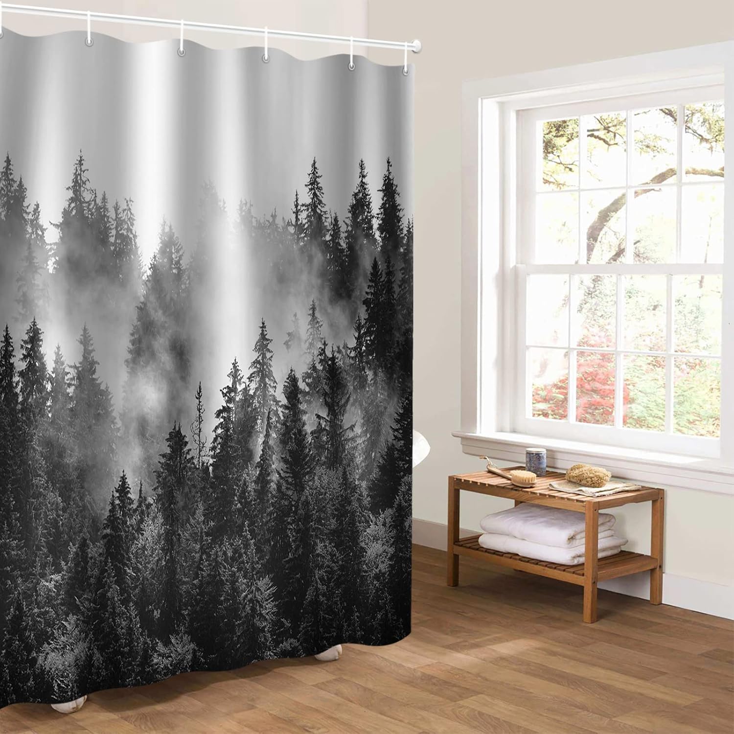 QueenKer Shower Curtain, Summer Photography Black and White Forest Waterproof Fabric Shower Curtain Set with 12 Hooks, Bathroom Curtains for Farmhouse Home Hotel Holiday Decor, 36" W x 72" L