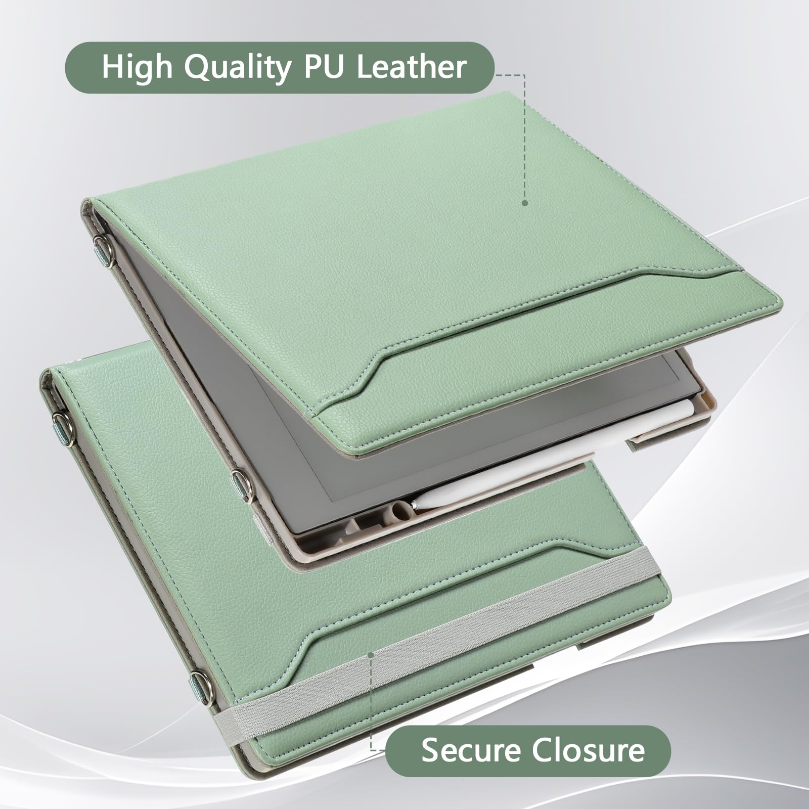 E NET-CASE Custodia per Remarkable Paper Pro da 30 cm (edizione 2024), in pelle PU di alta qualità con slot per carte e portapenne, funzione automatica sleep/wake, copertura per tracolla (verde chiaro