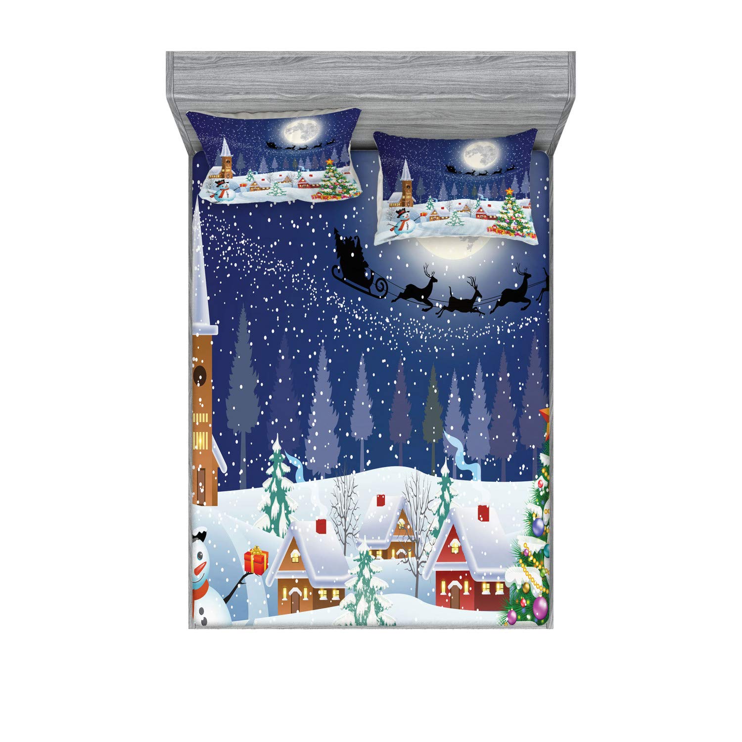 Ambesonne Christmas Fitted Sheet & Pillow Sham Set, Winter Season Snowman Xmas Tree Santa Sleigh Moon Present Boxes Snow and Stars, Decorative Printed 3 Piece Bedding Decor Set, Calking, Cobalt Blue