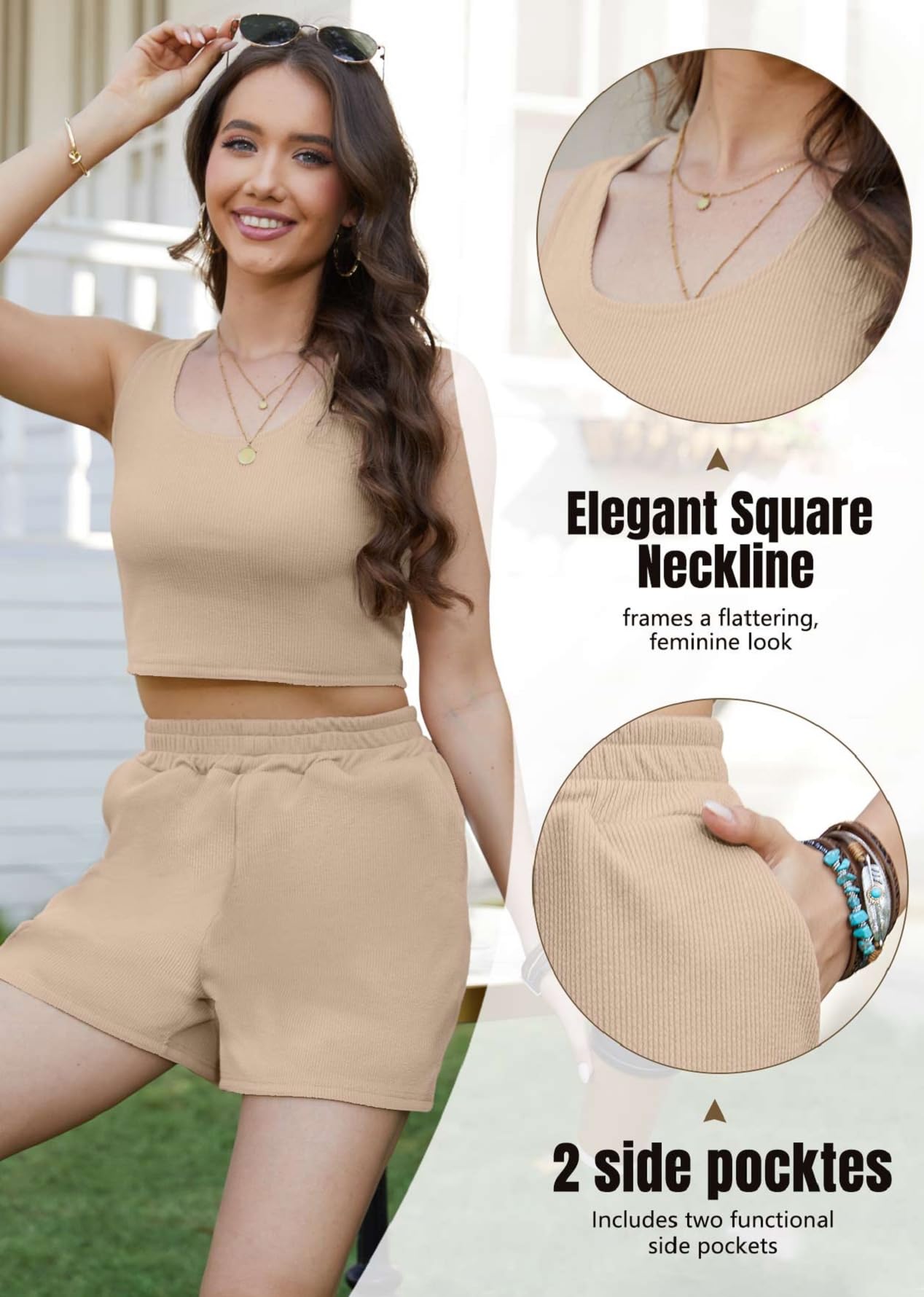CheChury Conjunto Verano Mujer Conjunto de 2 Piezas Chándal de 2 Piezas Verano Mujer Casual Tank Top Sin Mangas Camiseta y Pantalón Corto con Bolsillos Cómodo Moda Color Sólido para Vacaciones Playa