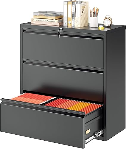 Superday Archivador lateral de 3 cajones de metal con cerradura, archivadores negros para oficina en casa, archivadores con bloqueo, archivos