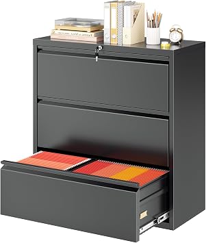 Superday Lateral File Cabinet 3 Drawer Metal File Cabinet with Lock, Black Filing Cabinets for Home Office, Locking Filing Cabinets Hanging Files Letter/Legal/F4/A4
