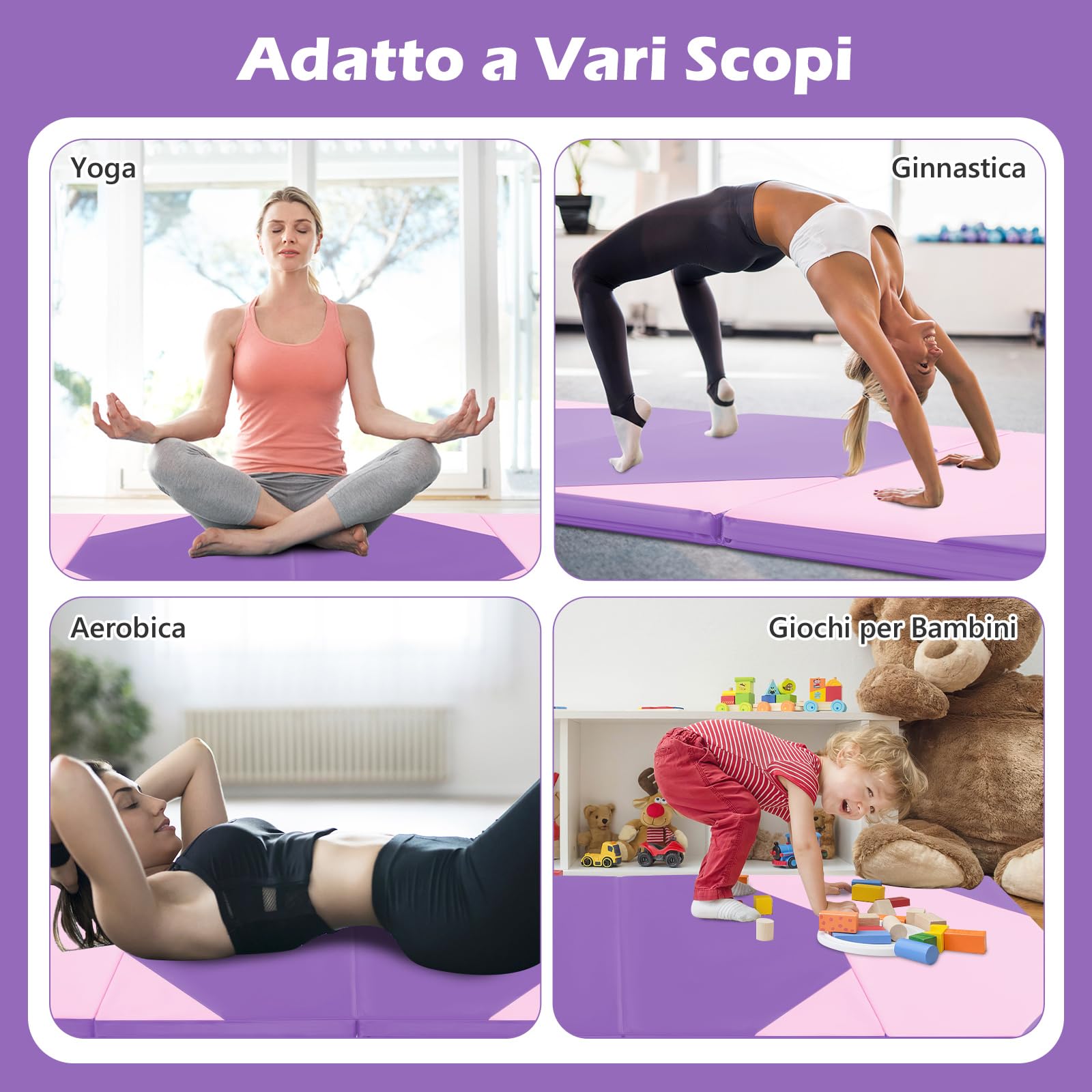 COSTWAY Tappetino Ginnastica Pieghevole 300 CM, Tappetino a 4 Pannelli in Similpelle con Gancio, Chiusure a Strappo e Maniglie per Ginnastica, Yoga e Allenamenti da Casa e Palestra