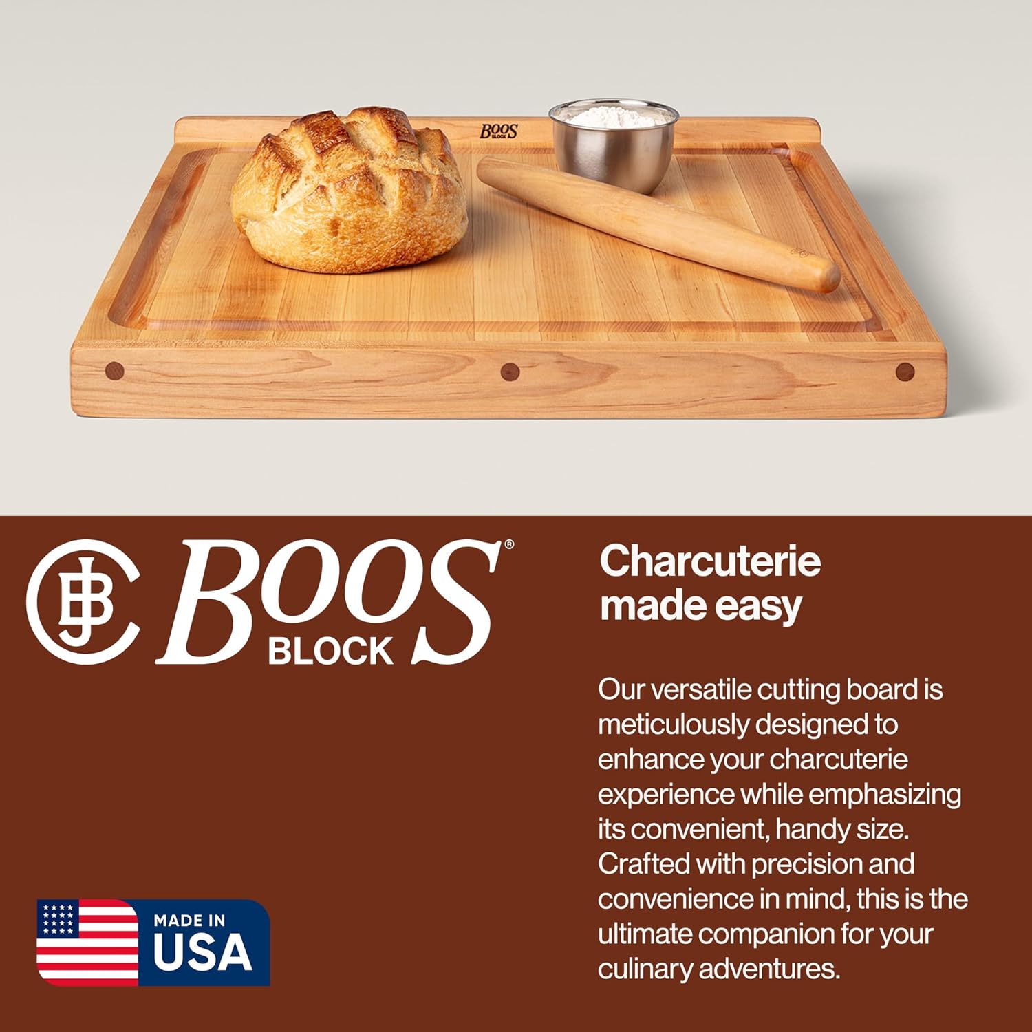 John Boos Countertop Series Rectangular Wooden Maple Cutting Board 23.75”x23.75” – 1.25” Thick, 26-lb Reversible Butcher Block with Juice Groove, Counter Lip & Edge-Grain – Made in the USA