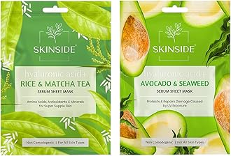 SkinSide Serum Sheet Mask for Glowing Skin with Hyaluronic Acid | Face Mask Sheets Combo for | Hydrating | Tan & Blackheads Removal | Instant Brightening | Pore Reduction | Fairness | Skin Tightening (2, Rice & Matcha Tea | Avocado & Sea Weed)
