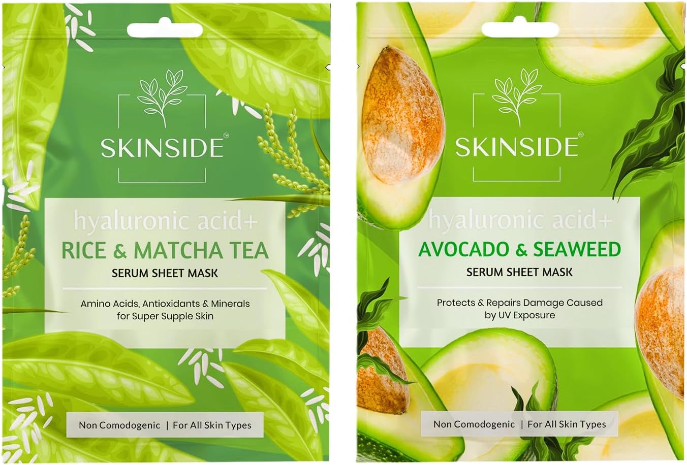 Serum Sheet Mask for Glowing Skin with Hyaluronic Acid | Face Mask Sheets Combo for | Hydrating | Tan & Blackheads Removal | Instant Brightening | Pore Reduction | Fairness | Skin Tightening (2, Rice & Matcha Tea | Avocado & Sea Weed)