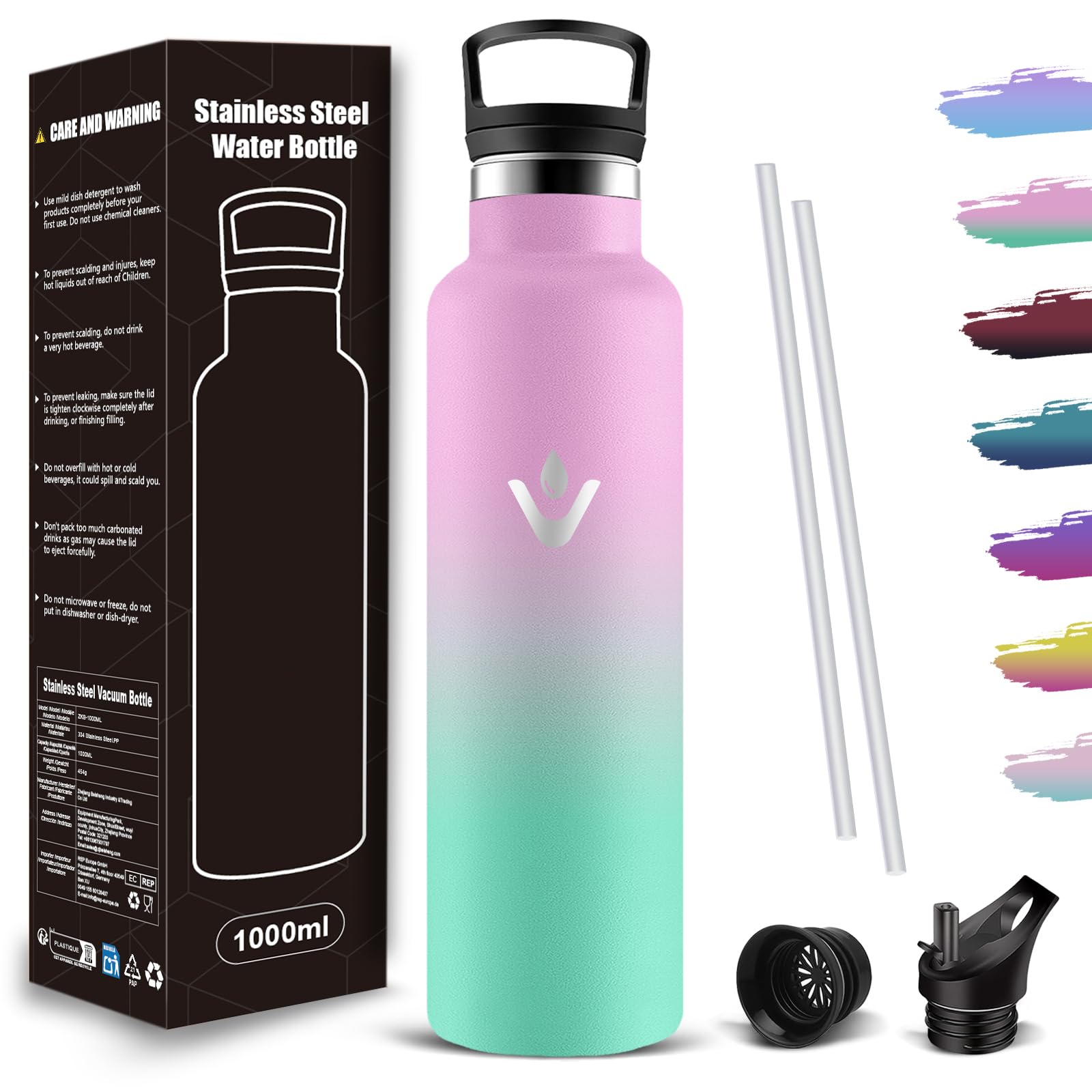 Mujigaga Insulated Water Bottle, 1L Stainless Steel Sports Bottle, BPA Free, Double Insulated, Leakproof Water Bottle with Straw for Sports, Camping, Office, Yoga