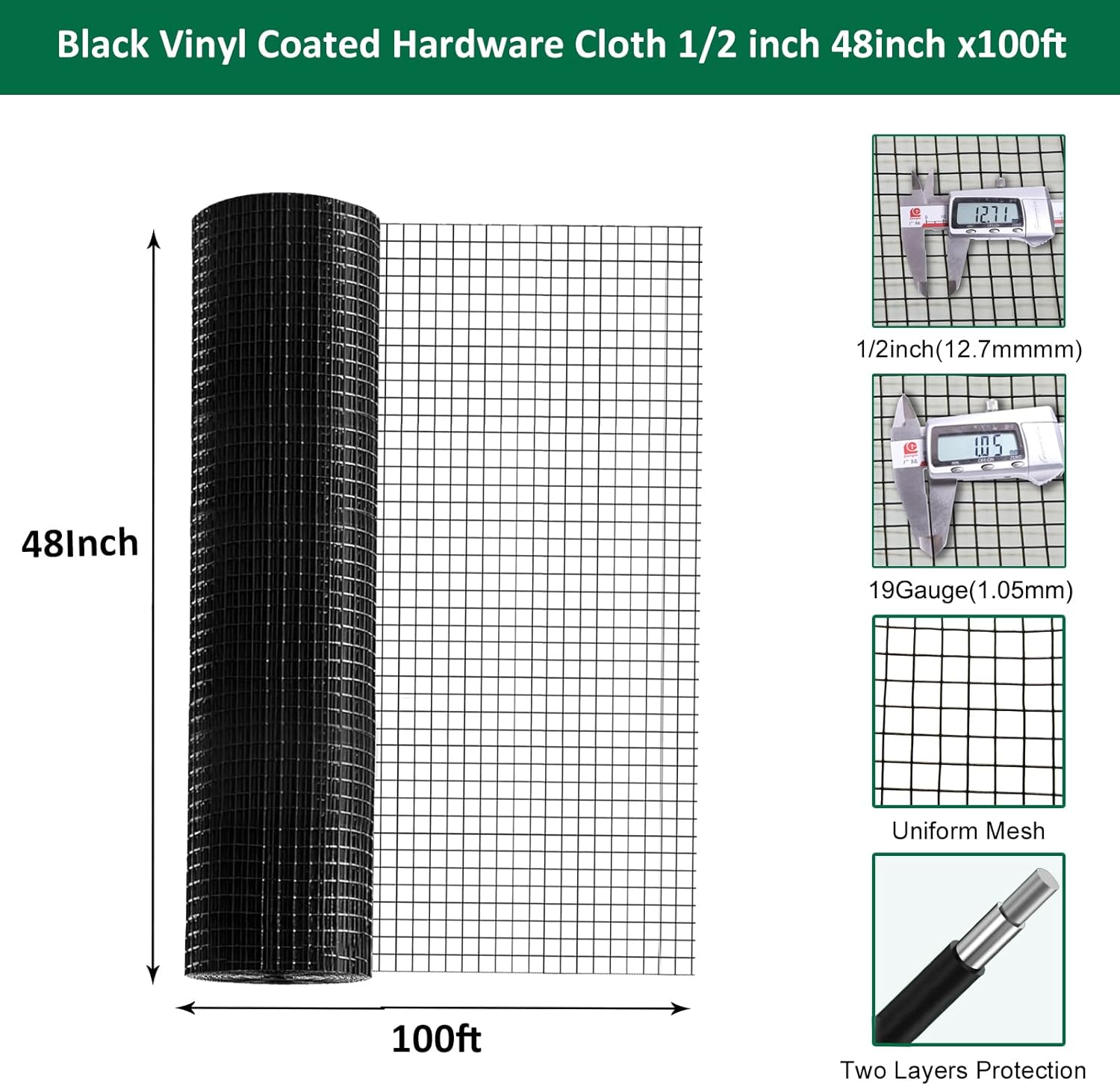 Black Hardware Cloth 1/2 Inch 48 x 100 ft 19Ga,PVC Coated Wire Mesh Roll for Chicken Wire Fencing,Vinyl Coated Chicken Wire Mesh,Welded Wire Fencing,Chicken Wire Roll,Rabbit Wire,Gopher Wire,Cage Wire