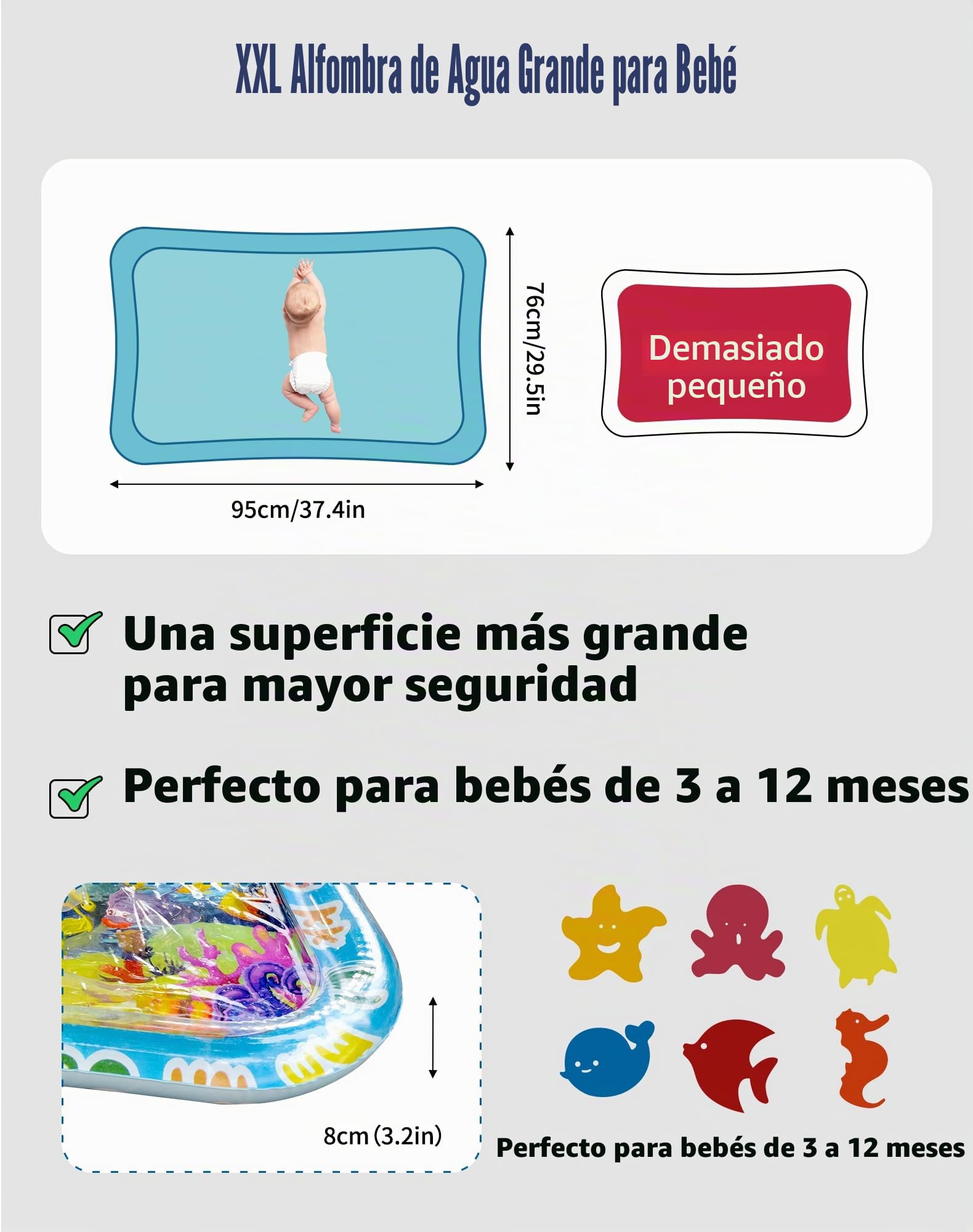 LAOYE Alfombra de Agua Grande XXL para Bebé, Alfombra Bebe Acolchada Juego Acuático para Bebés de 3 6 9 12 Meses, Tummy Time Tapete de Actividades Bebe, Alfombra Sensorial Bebe, Tapete Bebe 95x76cm