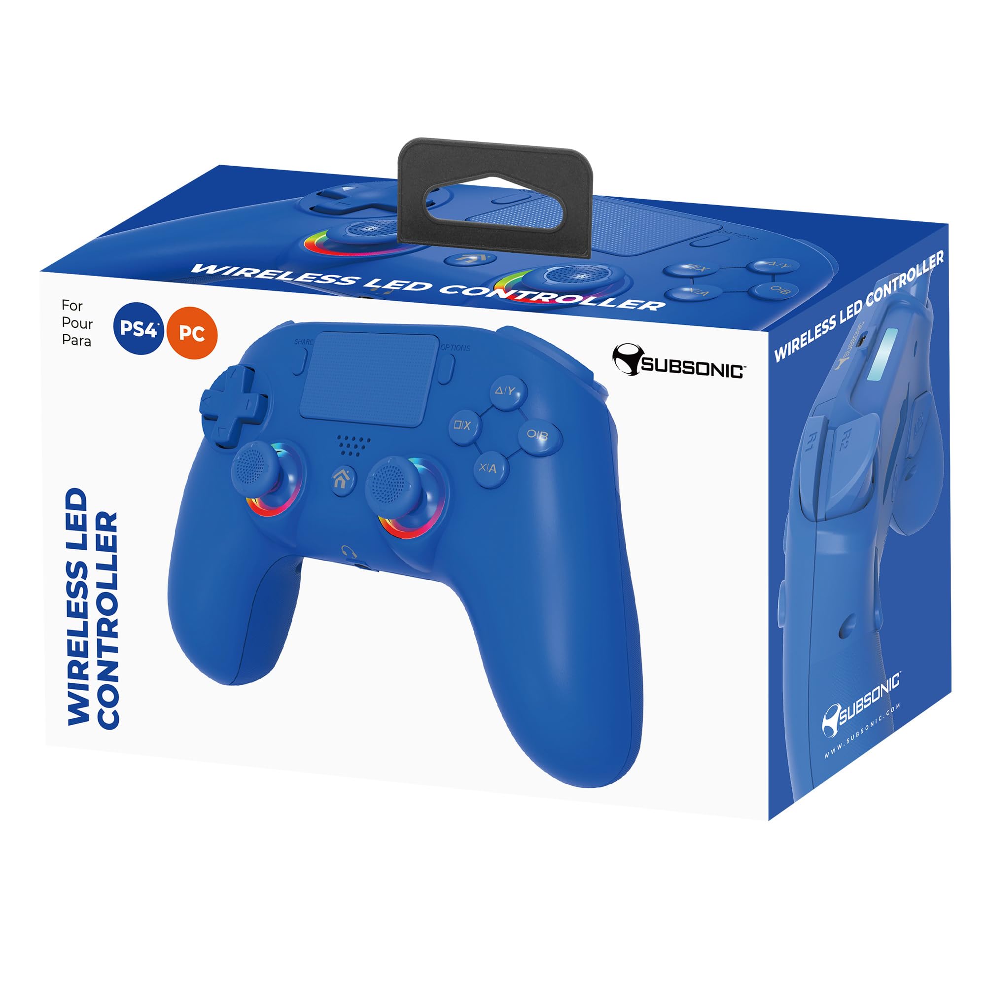 SUBSONIC - Kabellose Controller für PS4 und PC - RGB LED - Blau | Ergonomisch, Programmierbare LEDs, Vibrationsfunktion, Programmierbare Paddles – Kompatibel mit PlayStation 4 und PC