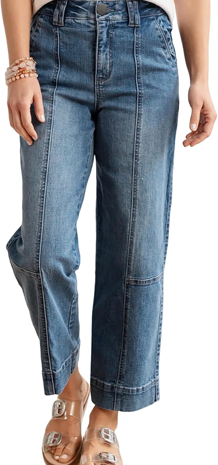 Women's Straight Leg Jeans 2026 Trendy High Waisted Stretchy Front Seam Patchwork Cropped Denim Pants