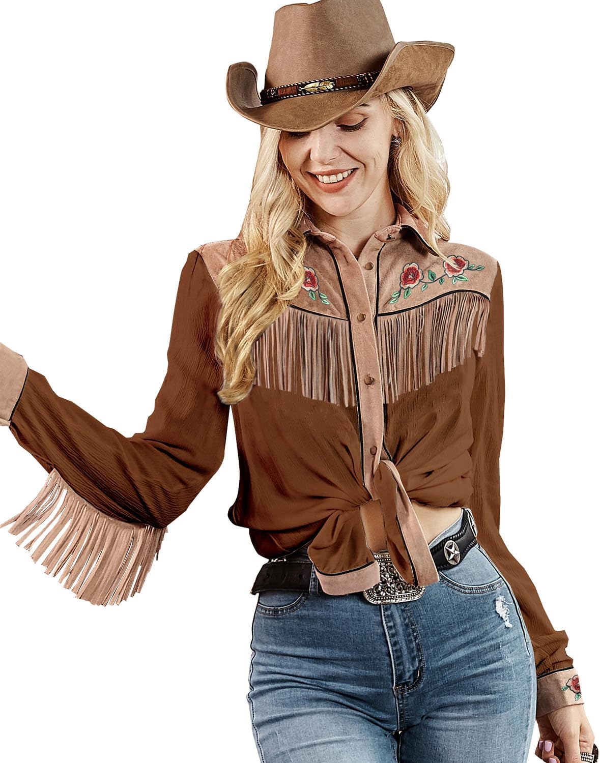 JOHN MOON Womens Fringe Western Long Sleeve Shirts Floral Embroidered Cowgirl Button Down Shacket Blouse Country Rodeo Outfit