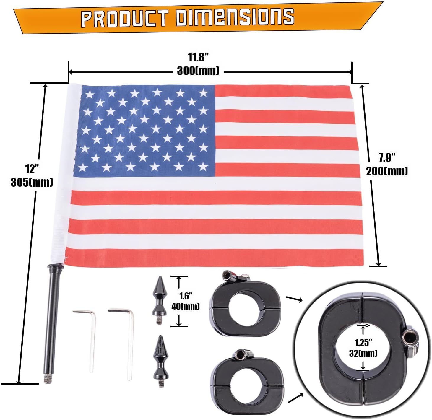 Kinglemc Engine Guard Crash Bar Freeway Bar Pole Holder Mount Bracket Clamp with American Flag Fit 1.25 Highway Bar (Black)