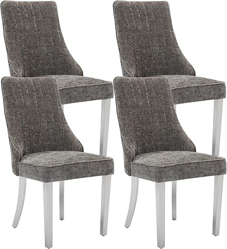 Miniatura 11 de Juego de 6 sillas de comedor, sillas de comedor de cocina con canales de lino con patas curvadas de madera maciza, silla de comedor tapizada de tela