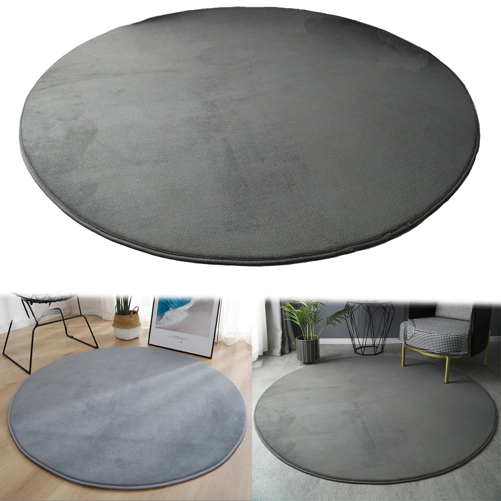 Tapis rond gris foncé 80cm moelleux lavable antidérapant pour salon et cuisine