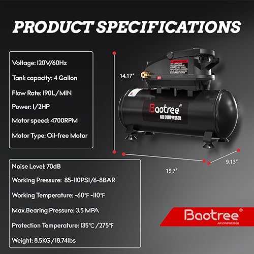 Miniatura 4 de Compresor de aire portátil, tanque de compresor de aire libre de aceite de 4 galones máximo de 110 PSI, motor de 0.5 HP 0.6 SCFM a 90 PSI,