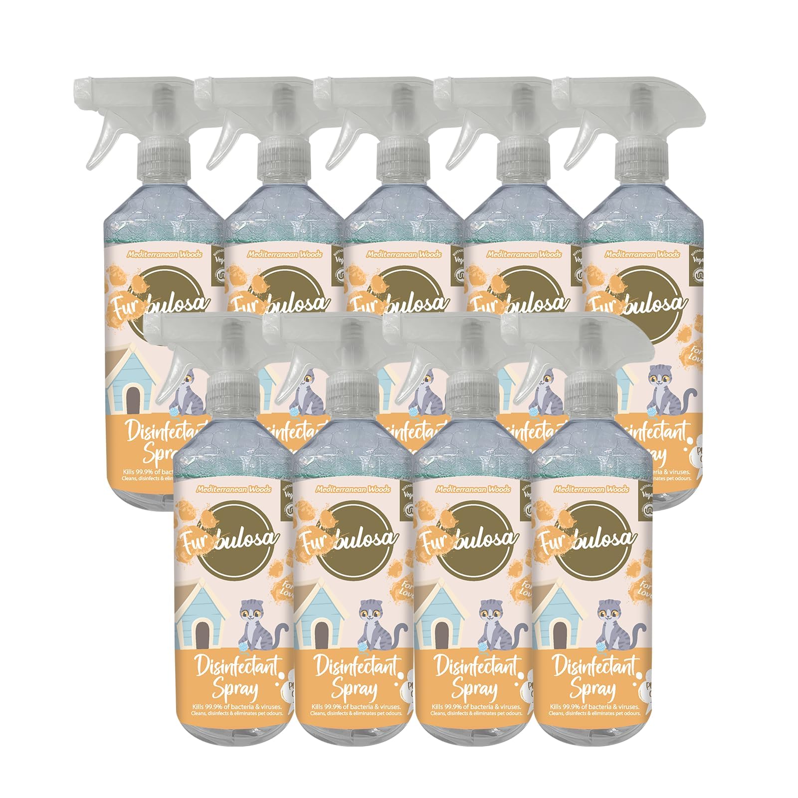 Fabulosa Furbulosa Multi Purpose, Pet Disinfectant Antibacterial Spray and Deodoriser Liquid, All Purpose Multi Surface Cleaner, 500ml, 9 Pack, Mediterranean Woods