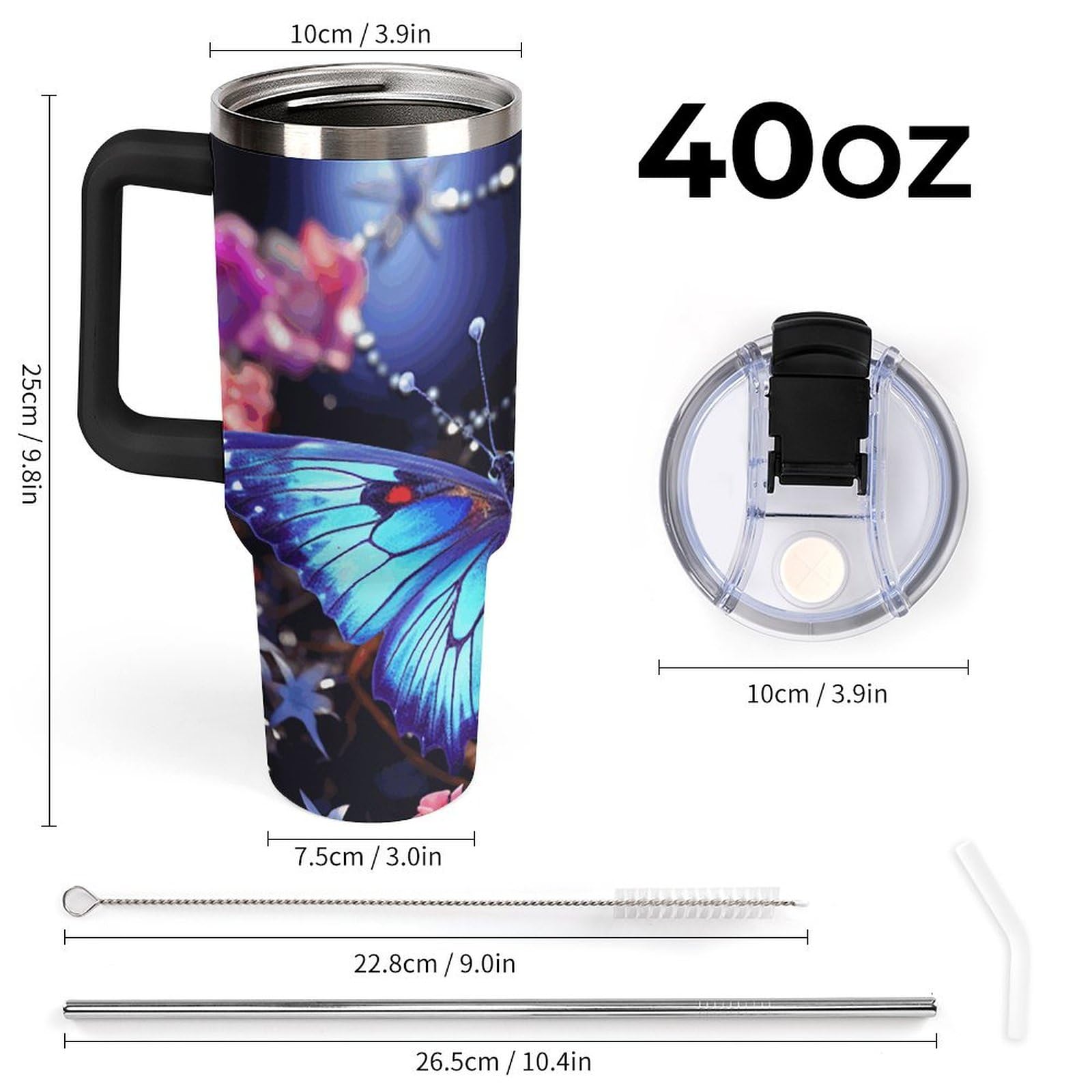 Edelstahl-Thermobecher mit Griff, 1,2 l, Motiv: Beauty Butterfly, Edelstahl, hitzebeständig, auslaufsicher, geeignet für Auto-Becherhalter