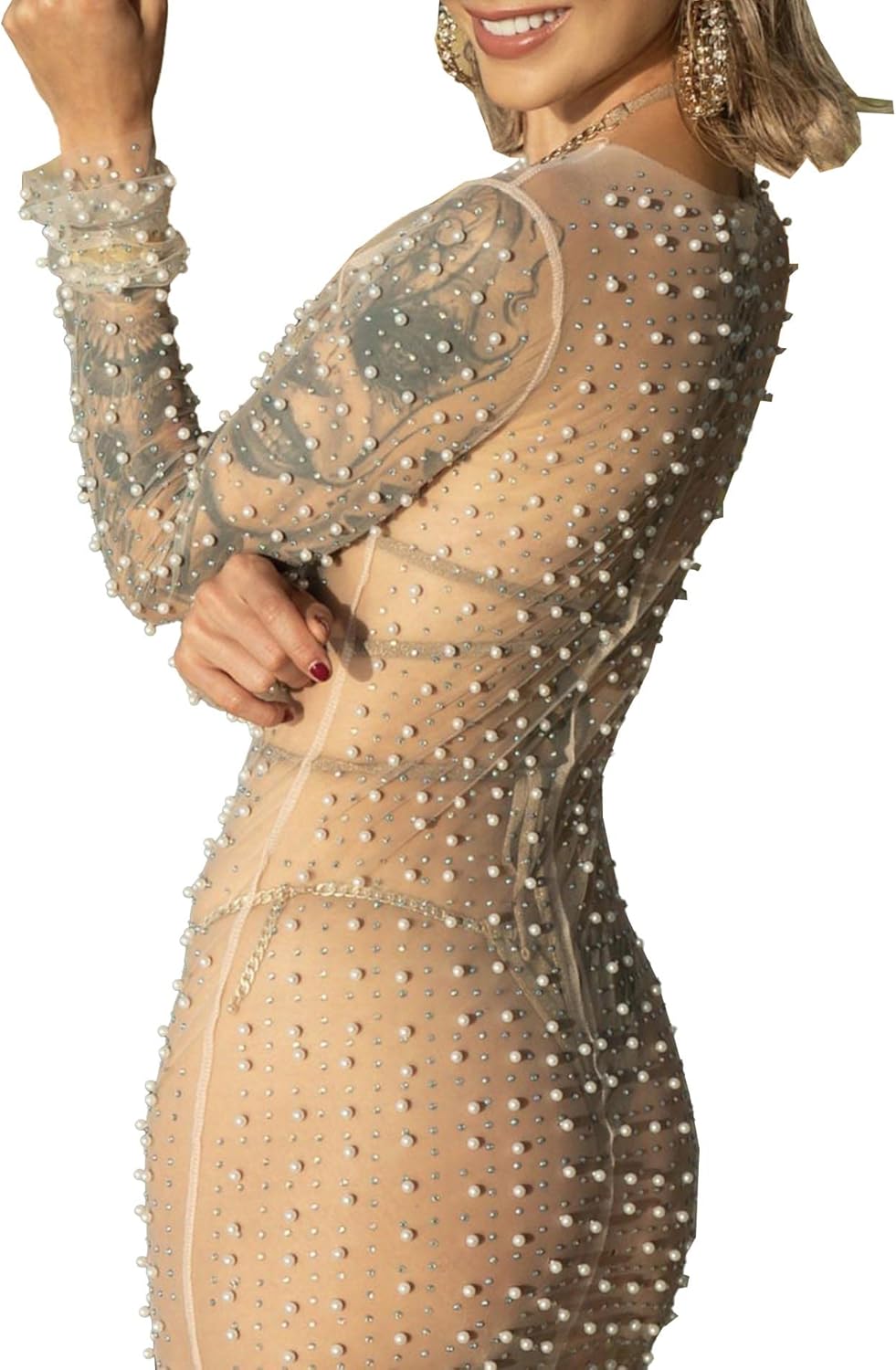 xxxiticat Women's Rhinestone Mesh Cover Ups Long Sleeve Fake Pearl Bubble Bead Crystral See Through Beach Party Maxi Dress - Image 3