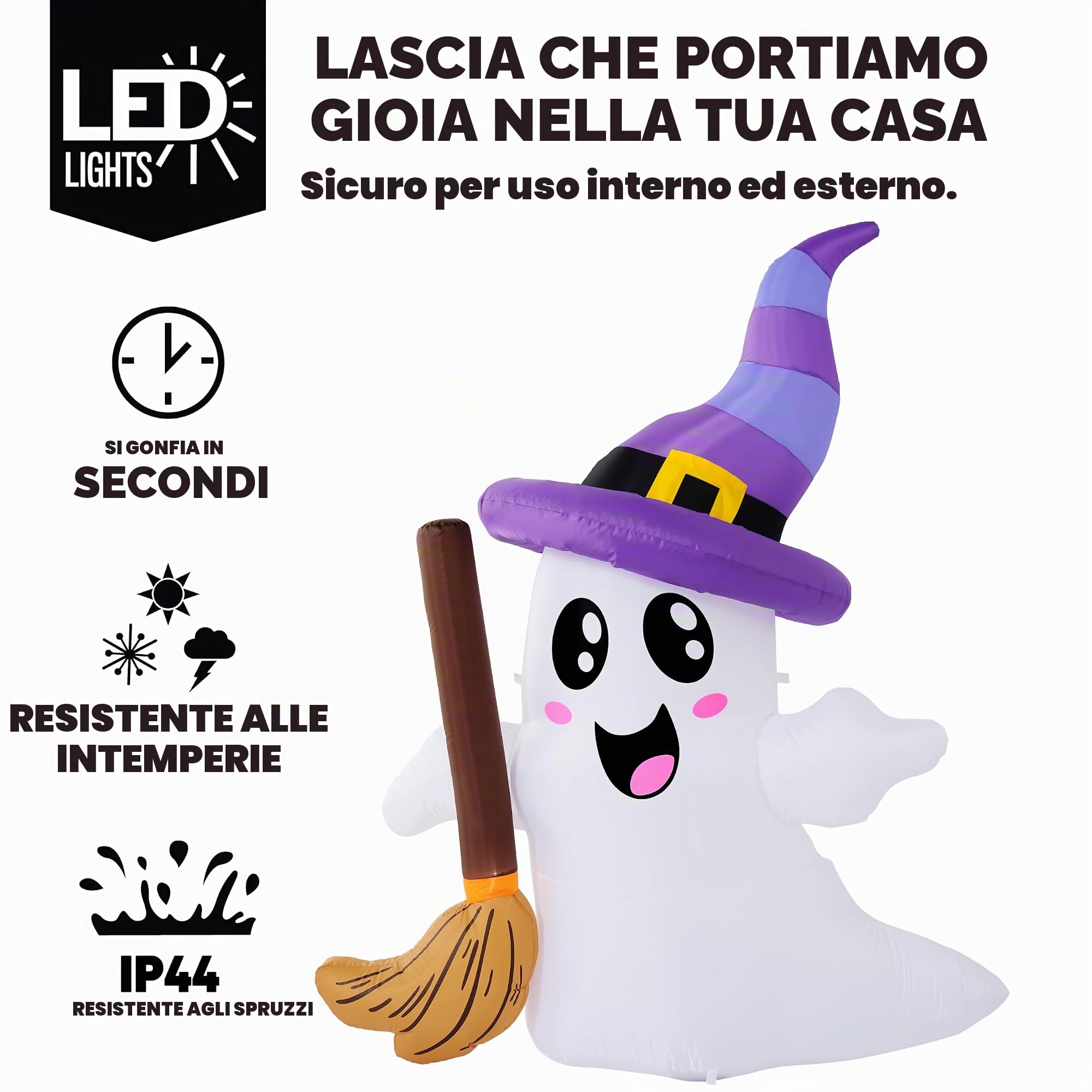 JOYIN Decorazioni gonfiabili per esterni con fantasma alto 1,8 m, con simpatico fantasma che tiene scopa con LED, decorazioni per Halloween, esterni, cortile, giardino, prato, decorazione per feste