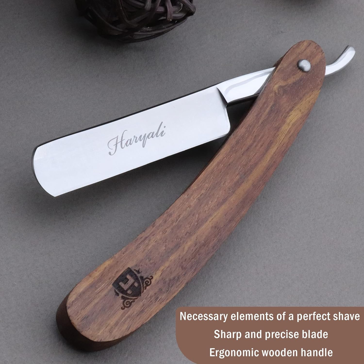 Haryali London Klasyczna kolekcja salon fryzjerski drewniane pudełko proste gardło drewniana golarka do golenia, drewniana szczotka do golenia włosów czarnego borsuka, skórzany strop, pasta do