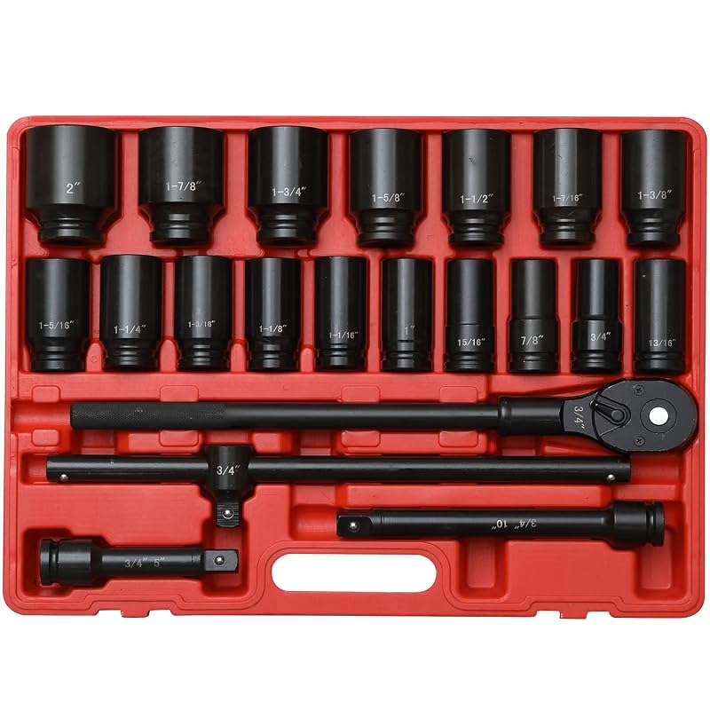 Jogo de Soquetes de Impacto Profundos SAE com Encaixe de 19,05 mm, 6 Pontos, Aço Cromo-Molibdênio, Catraca e Extensões ZOYAKKI, 22 Peças