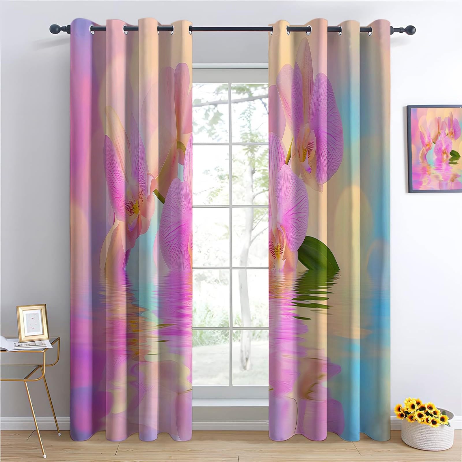 2 panele Zasłony zaciemniające 110 x 215 cm, wymarzona orchidea z nadrukiem z oczkami dla dziewczynek i chłopców, wystrój salonu, miękka i odporna na zmarszczki, różowa