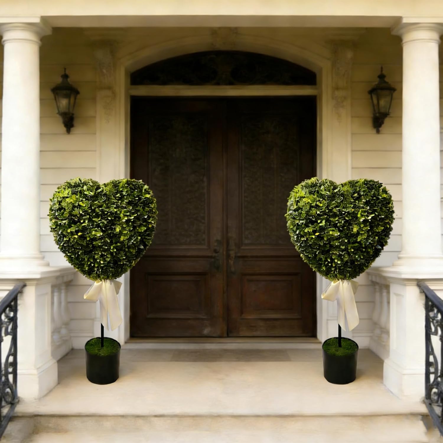 Heart Topiary Outdoor, Heart Shaped Topiary, 29 in Faux Artificial Boxwood Hearts Topiary Ball Tree with Pot, Valentines Decorations for Indoor Outdoor Home Porch Decor (2)