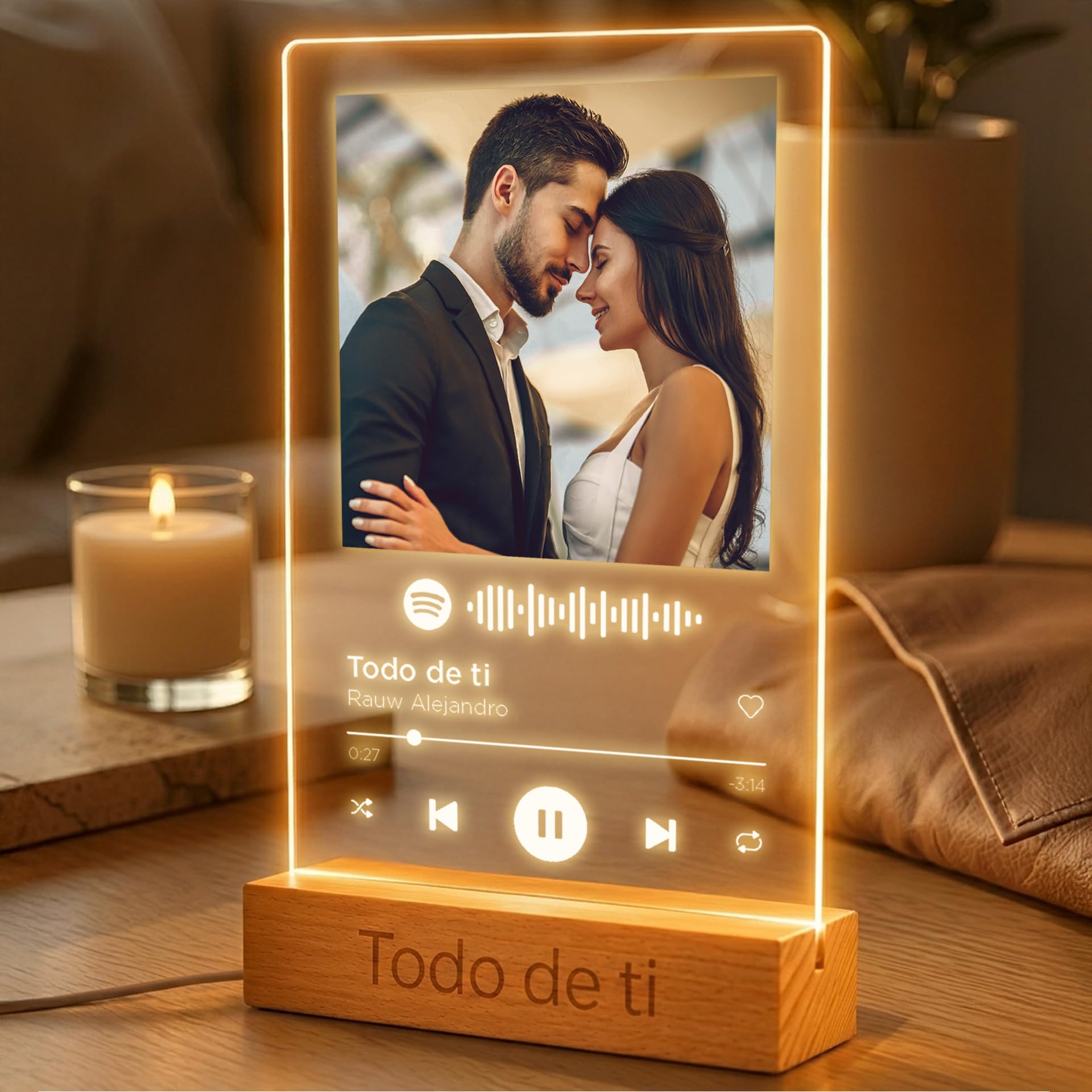 Panorama Placa Spotify Personalizada con Foto y Base LED o Metacrilato - Color Blanco - Diseño con Texto y Código escaneable de Canción - Regalo Boda, Comunión y Cumpleaños Mejores Amigos