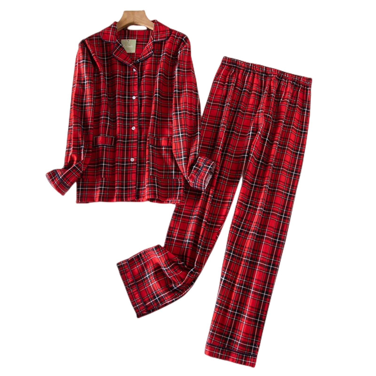 MOGSA Pijamas para mujer, tallas grandes, ropa de franela de algodón para mujer, traje de otoño y primavera, estampado a cuadros, tops para dormir