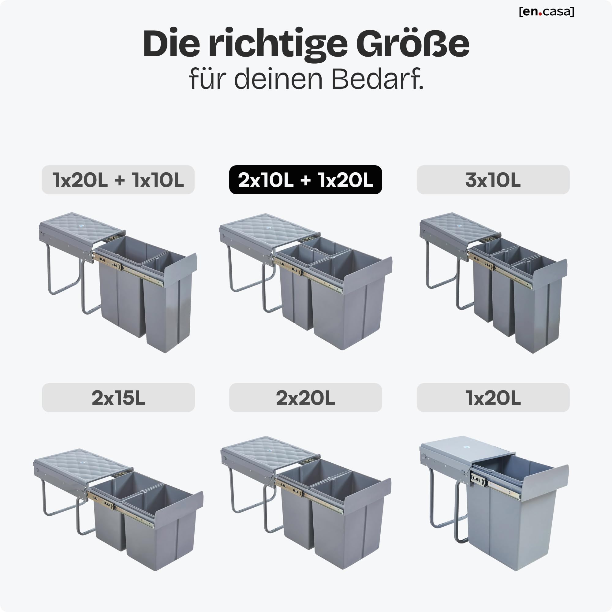 [en.casa] Einbaumülleimer Froland Mülleimer 3 Fächer Mülltrennsystem ausziehbar Abfalleimer Küche 2x10L+1x20L herausnehmbare Behälter 48 x 34 x 42 cm Küchenmülleimer Grau