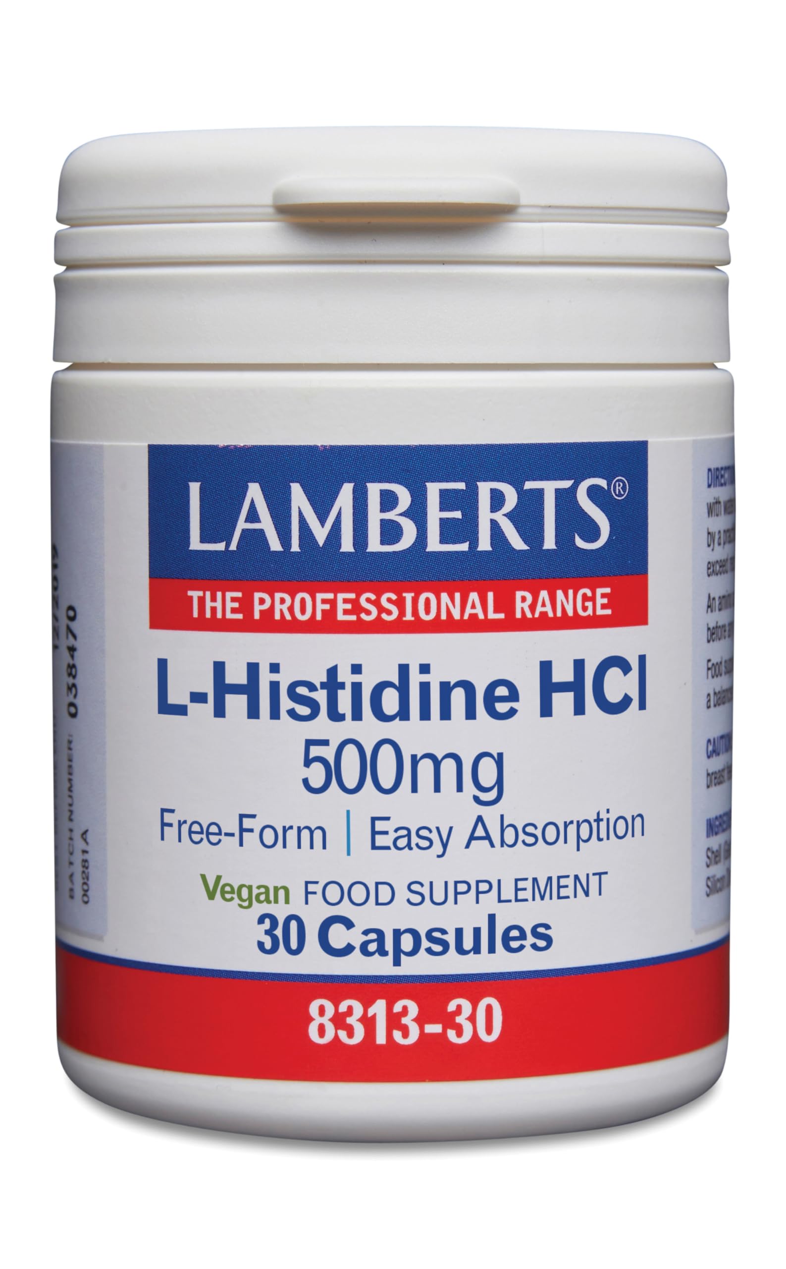 Lamberts L-Histidine HCl Capsules – 500mg Free-Form Amino Acid – Easily Absorbed – 30 Capsules