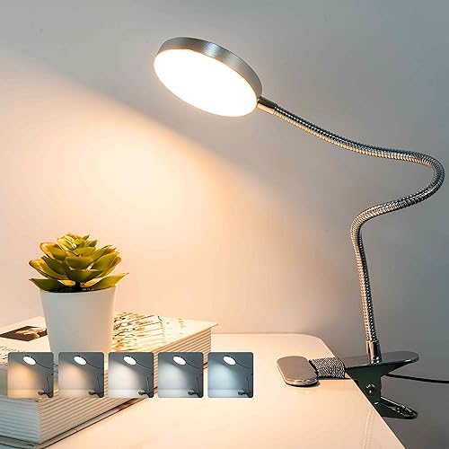 Miniatura 8 de Lámpara de escritorio con clip, atenuación de 10 niveles y 5 modos de color, luz de lectura de cuello de cisne flexible para camas, escritorios,