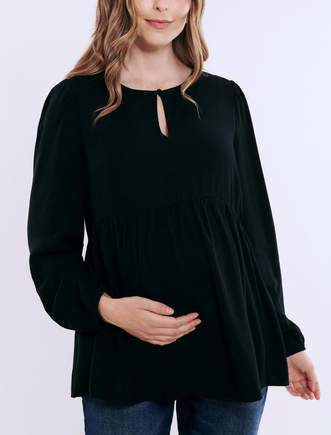 Motherhood Maternity Womens Long Sleeve Empire Waist Keyhole Woven Pregnancy Blouse - Image 2